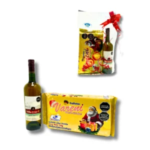Ancheta navideña Matrimonio Sencillo con vino y galletas, presentación elegante