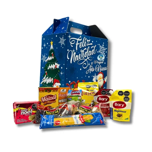 Mercado navideño Express Navidad con galletas, pastas y productos básicos, ideal para regalos completos y celebraciones