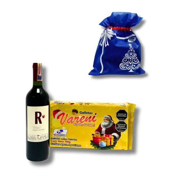 Ancheta navideña Matrimonio Especial con vino Cabernet y galletas en bolsa reutilizable azul