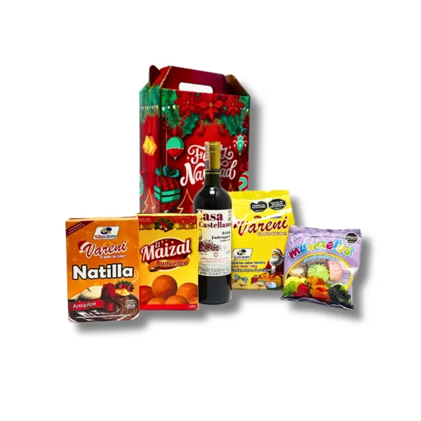 Ancheta navideña Mini Navidad con vino, natilla, mezcla para buñuelos y galletas en caja navideña