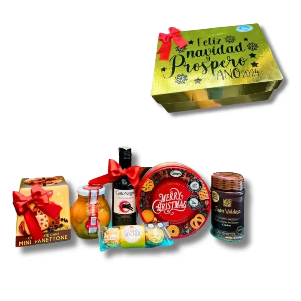 Ancheta navideña Navidad y Año Nuevo con vino, panettone y dulces festivos, ideal para celebraciones y regalos elegantes